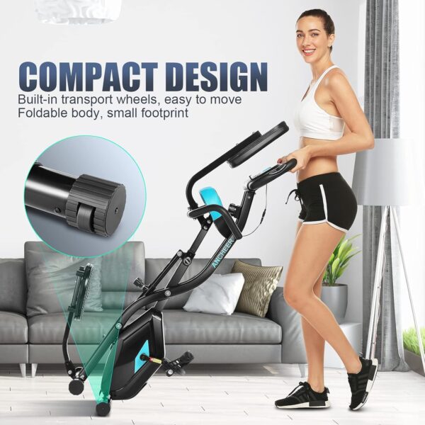 ANCHEER Bicicleta Estática Plegable Bicicleta de Ejercicio 10 Niveles de Resistencia Magnética, con App, Soporte para Tableta Capacidad de Peso:120kg (Negro (Respaldo+Giro de Cintura)) - Image 7