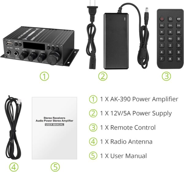 LiNKFOR Mini Amplificador de Audio AK-390 Amplificador Bluetooth Receptor Bluetooth 5.0 Altavoz Amplificador con 12V 5A Fuente de Alimentación, Controles de Graves y Agudos para Altavoces Domésticos - Image 8