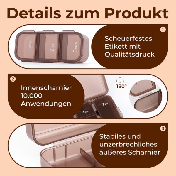 ATLEMISME Pastillero Semanal, Pastillero Diario Grande 7 Dias, Dosificador de Comprimidos con 7 Compartimentos, caja de Organizador para el bolsillo de la mano o del pantalón（marrón） - Image 3