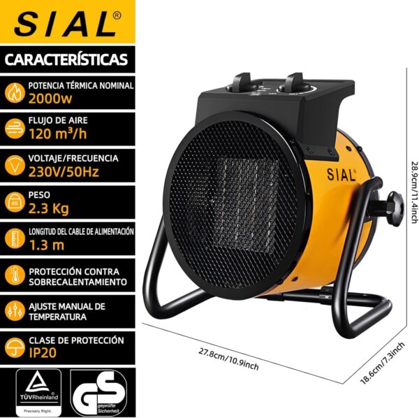 SIAL Calefactor Cerámica 2000 W - Radiador Electrico - Bajo Consumo - Calefacción Industrial - Calor Rápido 3 Segundos - Apto Para Oficinas, Baños, Talleres(Amarillo) - Image 4