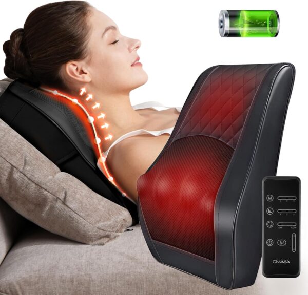 Masajeador Cervical y Espalda con Calor, Shiatsu Cojín de Masaje Eléctrico de Cuello y Hombros Alivio del Dolor, Sin Cable, Bateria Cargada, 3 Intensidades, 2 Niveles de Calor