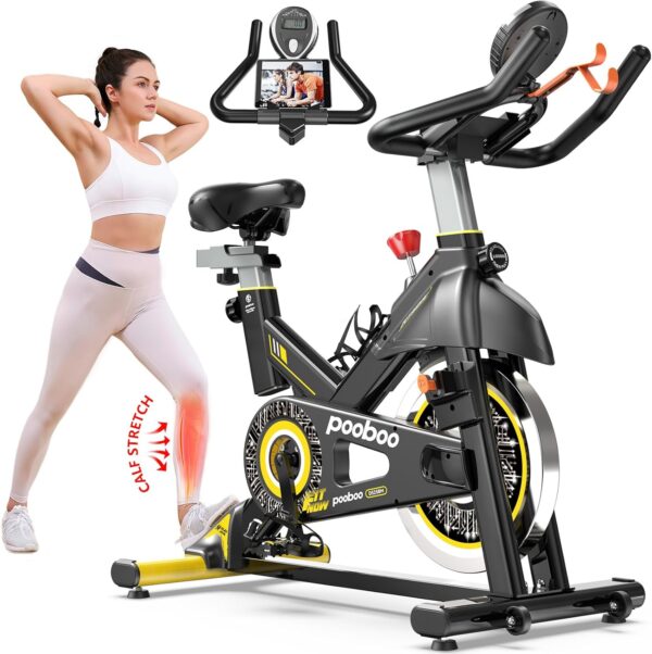 pooboo Bicicleta estática, magnética/almohadilla de freno ajustable, transmisión silenciosa, bicicleta de ciclismo de interior para cardio en casa, bicicleta estacionaria de fitness con capacidad de