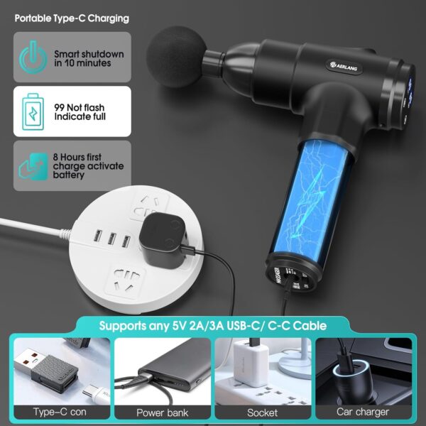 AERLANG Pistola de Masaje Muscular, Pistola Masajeadora Muscular Eléctrica Masajeador de Músculos de,Seis Cabezales Ajustables Diferentes Para,Opción de 20 Velocidades-Regalos para mujeres y hombres - Image 3