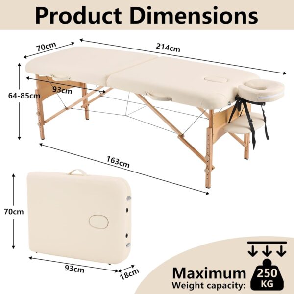 YOUNIKE Camilla de Masaje Plegable de 2 Zonas, Mesa de Masaje Altura Ajustale, Camilla de Terapia Profesional Cama de Tatuaje de Madera Portátil, con Funda de Transporte, 70 cm de Ancho, Crema - Image 2