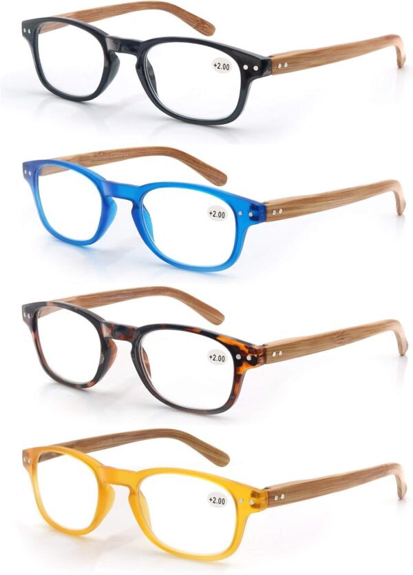 MODFANS Un pack de 4 gafas de lectura 2.5 para Hombres/Mujeres - Lente Clara,Vision Clara,Efecto Madera - Moda,Practicas,Ligeras,Comodas,Colores Negro-Azul-Marron-Amarillo
