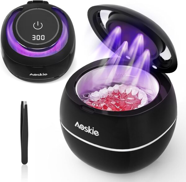 Aoskie Limpiador Ultrasonidos Dental 42kHz/30W para Dentaduras Postizas, Alineadores, Protectores Bucales, Joyas, Cabezales de Cepillos de Dientes, 180ML Ultrasonic Cleaner para Aparatos Dentales