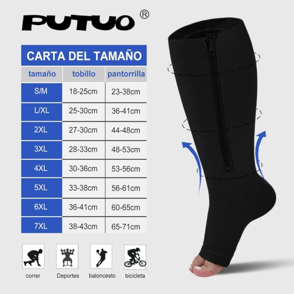 PUTUO Medias de Compresion Talla Grande: Calcetines de Compresión con Cremallera Punta Abierta para Hombre y Mujer 1par - Image 2