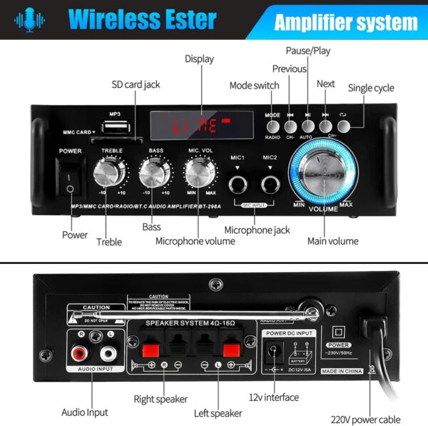 Etlephe Amplificador Audio, Amplificador HiFi, 600W Amplificador Estéreo Bluetooth 5.0,12V 220V 2 Canales, Pantalla LCD, Alta fidelidad, Radio FM Portátil, SD Card/USB Input, para hogar o Coche - Image 2