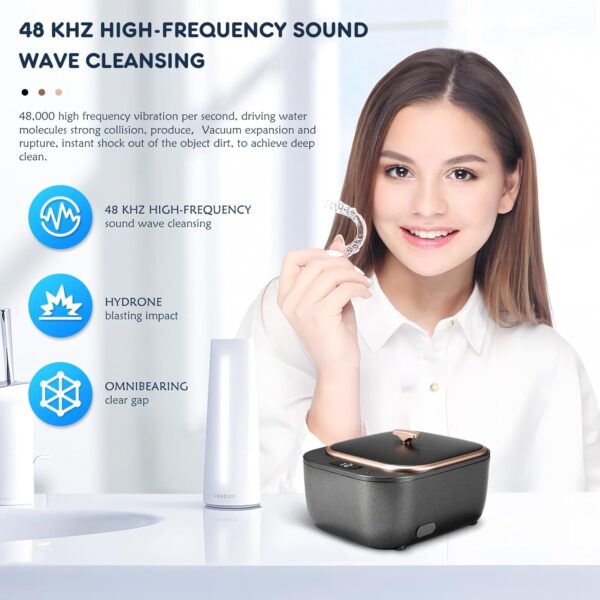 Limpiador ultrasónico de 48 Khz, dispositivo de limpieza dental ultrasónica de 250 ml, dispositivo de limpieza ultrasónica UV para prótesis dentales, alineadores, dispositivos de retención, joyas - Image 3