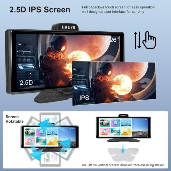 Hodozzy 4K Pantalla Portátil Radio Coche Carplay Android Auto Monitor ADAS Pantalla Táctil IPS 10,26 Pulgadas Bluetooth Dash Cámara Frontal y Trasera Video Grabación en Bucle, Mirror Link FM/AUX/SD - Image 6