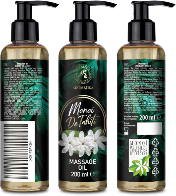 Aceite de Masaje Monoi de Tahiti 200ml - Aceite Corporal Relajante con Extracto de Gardenia Tahitensis - Semilla de Uva - Jojoba - Almendra - Melocotón y de Coco - Image 3