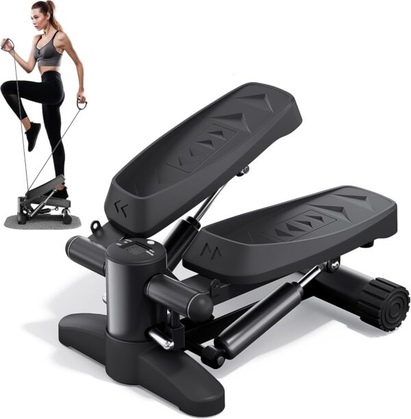 Mytrix Black Stair Stepper - Mini stepper portátil con bandas de resistencia, pantalla LCD (330 lb) para calorías, máquina de fitness aeróbico para entrenamiento en casa en la oficina