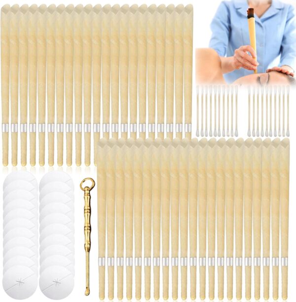 Juego de 42 velas para los oídos, cera de abeja, velas naturales para los oídos, no tóxicas, cilíndricas con cucharilla, discos protectores, para limpiar las orejas, amarillo