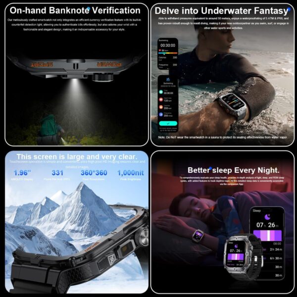 Reloj inteligente militar para hombre con linterna LED 3ATM, resistente al agua, pantalla grande de 1.97 pulgadas, reloj inteligente táctico resistente con llamada deportiva, rastreador de fitness con - Image 3