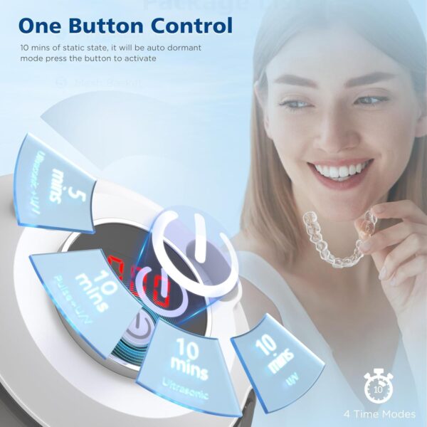 Binlingdaily Máquina limpiadora ultrasónica de retención de 45 kHz, limpiador de dentaduras postizas de 200 ml, 4 modos con temporizador digital, limpiador bucal para alineador, protector nocturno, - Image 4