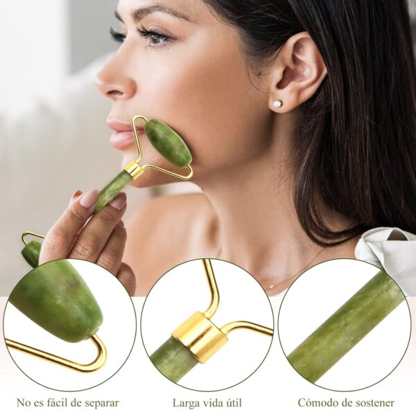 VEGCOO 6 en 1 Gua Sha Facial Rodillo de Jade, Rodillo Masaje Facial+ Guasha Facial Piedra+ Diadema+Cepillo de Mascarilla de Silicona+Bolsa, Rodillo Masaje Facial para Mujer, Aliviar las Arrugas - Image 4