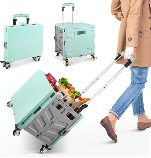 Carro de la compra plegable, carrito de transporte, hasta 50 kg, caja de 50 l, cesta de la compra con tapa, mango extensible de aluminio, 4 ruedas de goma giratorias 360°, 100x41x35 cm, verde y gris