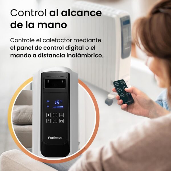 Pro Breeze Radiador de Aceite de 2500 W, 4 Niveles de Potencia, Temporizador, Termostato, Portátil con Ruedas, Calentador Eléctrico de 10 Aletas, Pantalla Digital y Mando a Distancia - Image 4