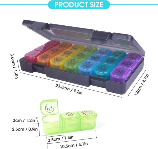 Plástico Dosificador de Comprimidos, 21 Cuadros Gran Capacidad Pastilleros Mensuales, Compartimentado Pastillero Semanal 3 Tomas, Colores Del Arco Iris Pastilleros Semanales con Etiqueta Grande - Image 2