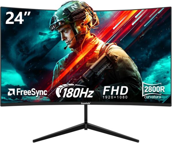 Gawfolk 24 Pulgadas Curvo 180hz Monitor de Juegos de computadora, FHD 1080p 1ms, Freesync, 100% sRGB, Gran Angular de 178 °, HDMI DisplayPart, VESA75 * 75MM Compatible con Soporte de Pared - Negro