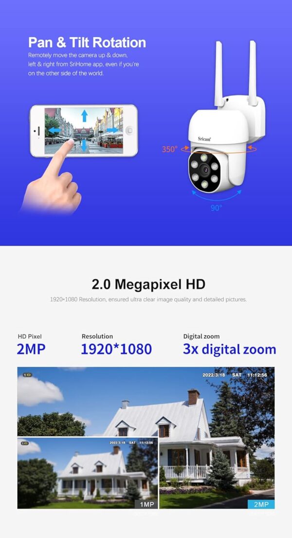 Sricam 1080P WiFi Surveillance PTZ IP Camera, detección humanoide y Seguimiento de Movimiento, visión Nocturna, IP66 Resistente al Agua, 2Way Audio (1 Unidades Paquete) - Image 5