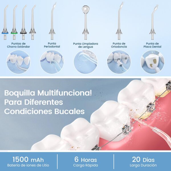 Irrigador Bucal Portatil, Vimmk Irrigador Dental Inalámbrico Profesional 8 Boquillas 5 Modos, IPX7 Impermeable 300ML USB-C Recargable Para Limpieza Dientes, Para el Hogar y los Viajes (Blanco) - Image 6
