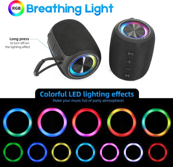 SENXINGYAN Altavoz Bluetooth Portátil 20W, Impermeable IPX6 con Sonido Estéreo HD, 16 Horas de Reproducción, Luces LED, Micrófono Integrado, Radio FM, Compatible con TF/AUX (Negro) - Image 3
