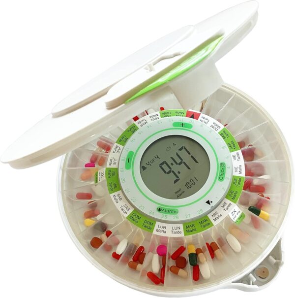 DoseControl Dispensador de pastillas electrónico automático con alarma, Tapa blanca, Plantillas de dosificación en español, Pastillero semanal de medicamentos, Modelo 2021, Gran pantalla, 9 alarmas