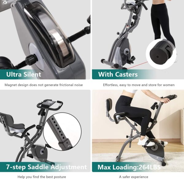 Bicicleta estática de 10 niveles de resistencia magnética ajustable, plegable y silenciosa, con banda de resistencia de brazos, pantalla LCD, utilizada para bicicleta de entrenamiento aeróbico en casa, capacidad de peso estacionaria de 250 libras - Image 4