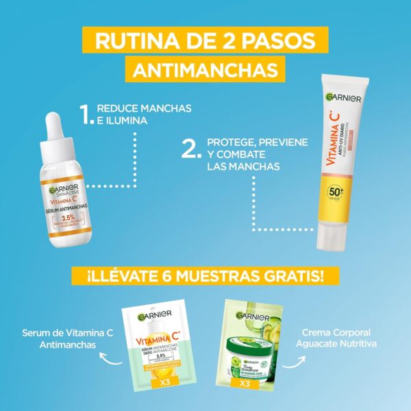 Garnier Vitamina C Pack rutina Antimanchas, Crema Fluida UV Diaria Iluminadora FPS50+ 40 ml, Garnier Sérum Anti Manchas con Vitamina C y Niacinamida 30 ml, Muestras Regalo - Image 7