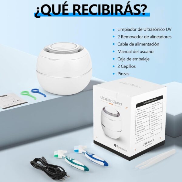 Limpiador Ultrasónico UV, 42000HZ Limpiador Ultrasonidos Dental 180ml para Dentaduras Postizas, Alineadores, Retenedores, Cabezas de Cepillos de Dientes, 30W Limpieza Ultrasónico Eficiente de 360° - Image 7