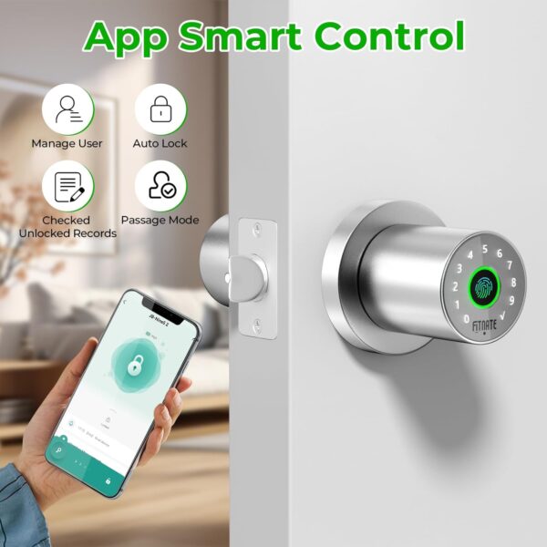 FITNATE 4 en 1 Smart Fingerprint Door Lock - Desbloqueo por huella dactilar, desbloqueo por contraseña, control por aplicación, llave de emergencia, apto para oficina, hogar y hotel, plateado - Image 3