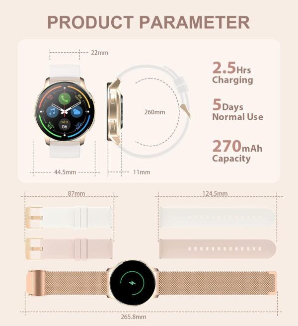 Iaret Reloj Inteligente Mujer con Llamadas,1,32'' Smartwatch Mujer 3 Correas, Pulsera Actividad Presión Arterial Ritmo Cardíaco Oxígeno Sanguíneo Sueño para Android iPhone, Regalo Mujer - Image 7