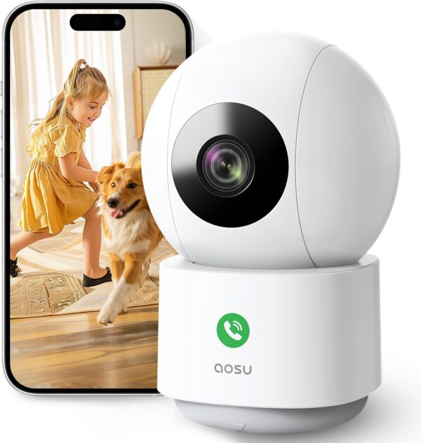 AOSU 2K Camara Vigilancia WiFi Interior 360°, Nocturna HD de 10 m, WiFi 5G/2.4 GHz, Detección Humana AI, Audio Bidireccional, Llamada de un Toque, para Bebé/Mascotas, Compatible con Alexa