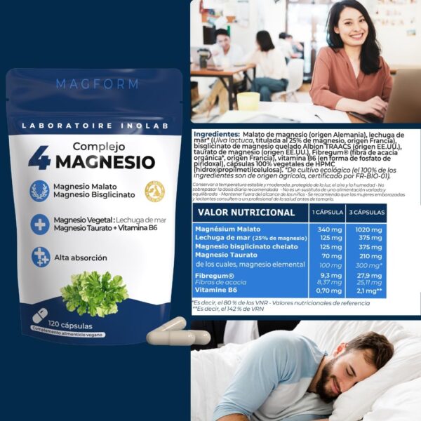 INOLAB Magnesio 1980mg | 4 Formas completas: Magnesio Bisglicinato, Malato, Vegetal Orgánico, Taurato | Alta Absorción y Tolerancia Digestiva | Bienestar Muscular y Nervioso | 120 Cápsulas - Image 6