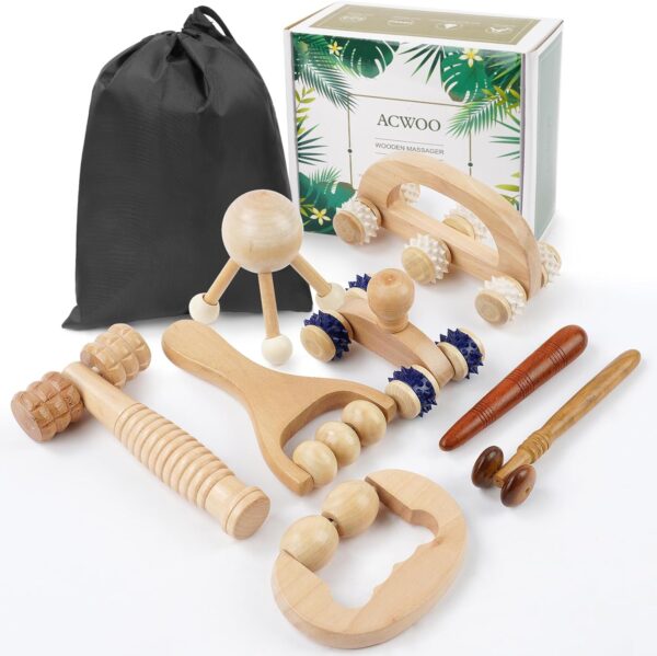 ACWOO 8 Pcs Herramienta de Masaje de Terapia de Madera, Masajeador Anticelulitico, Masaje Linfatico con Madera, Kit Maderoterapia, Juego de Rodillo de Madera, Guasha Masajeador Celuliti para Corporal