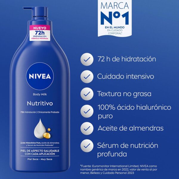 NIVEA Body Milk Nutritivo (1 x 625 ml), leche corporal que hidrata durante 72 h, crema hidratante corporal con aceite de almendras y ácido hialurónico, para piel seca - Image 2