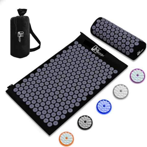 Esterilla de acupresión y cojín de acupresión para masaje y alivio del dolor, juego de acupresión para relajación, estimulación y meditación, alfombrilla de acupresión (negro)