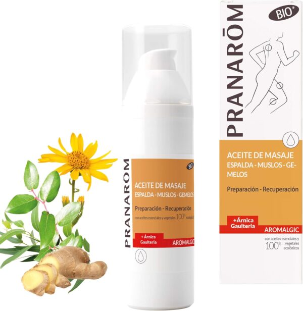 PRANAROM - Aromalgic - Aceite de Masaje - Espalda, Muslos, Gemelos - Árnica y Gaulteria - Preparación, Recuperación, Articulaciones y Músculos - 100ml