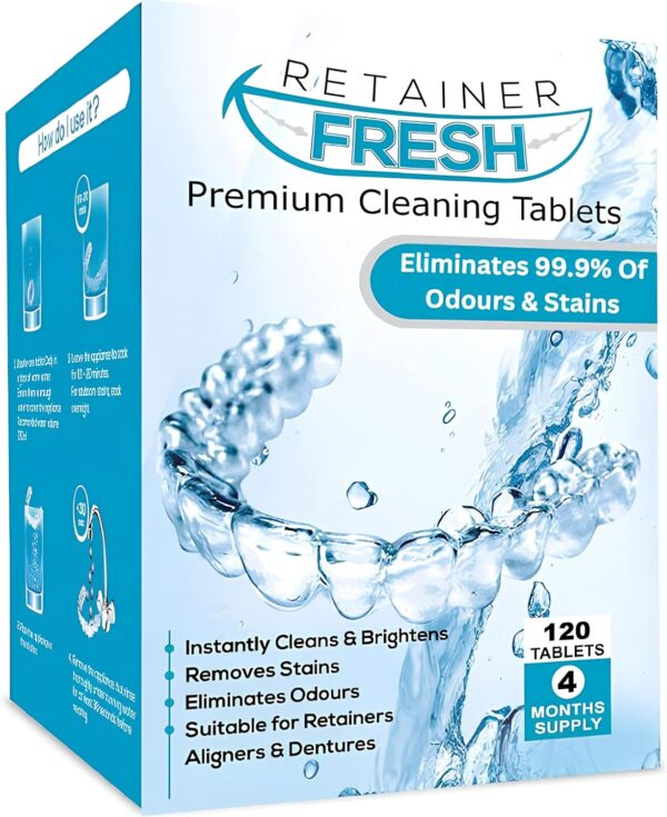 Tabletas limpiadoras de retenedores - 120 tabletas Retainer Fresh Mantiene los retenedores, alineadores y protectores bucales limpios, frescos y sin manchas