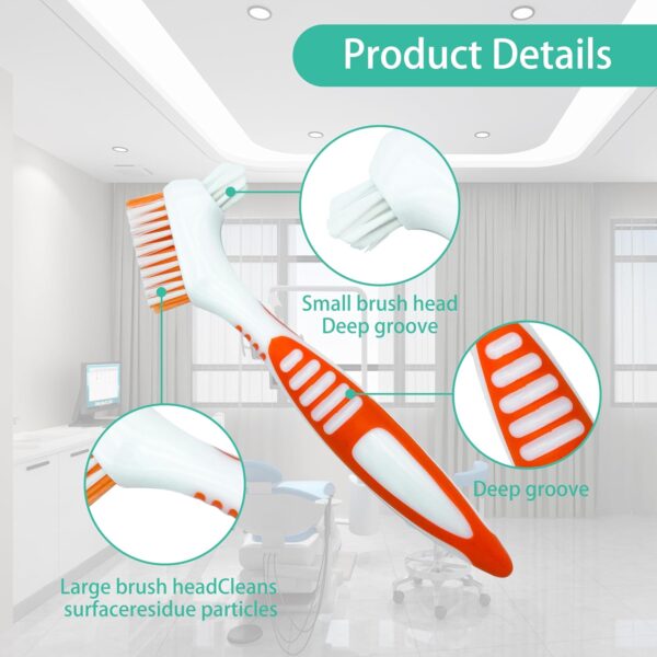 FloraVigo - Juego de 2 cepillos de dientes para dentaduras postizas, mini cepillo de dientes, cabezal de cepillo de doble ángulo, cepillo de limpieza de prótesis ergonómico portátil (Verde+naranja) - Image 4