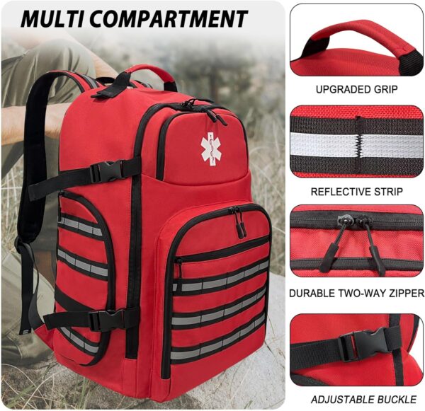 Lyirfan Mochila de primeros auxilios, mochila médica vacía de emergencia, con tira reflectante para camping, senderismo, guardería al aire libre, color rojo (solo bolsa) - Image 4