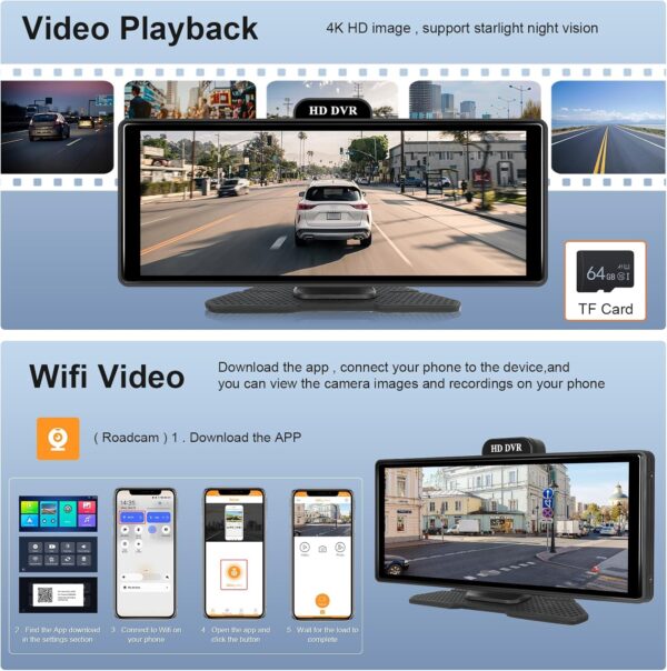 Hodozzy 4K Pantalla Portátil Radio Coche Carplay Android Auto Monitor ADAS Pantalla Táctil IPS 10,26 Pulgadas Bluetooth Dash Cámara Frontal y Trasera Video Grabación en Bucle, Mirror Link FM/AUX/SD - Image 4