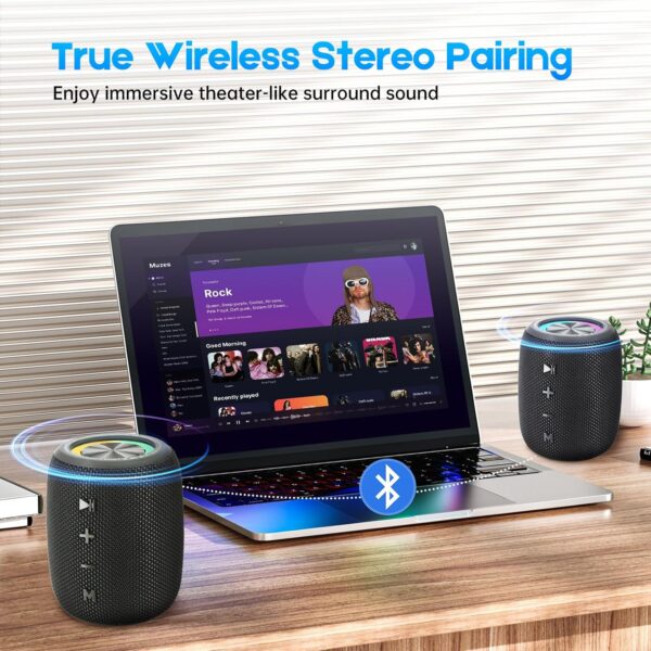 SENXINGYAN Altavoz Bluetooth Portátil 20W, Impermeable IPX6 con Sonido Estéreo HD, 16 Horas de Reproducción, Luces LED, Micrófono Integrado, Radio FM, Compatible con TF/AUX (Negro) - Image 7