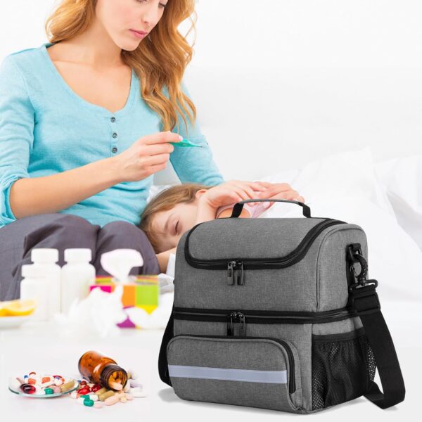 CURMIO Bolsa Médica de Doble Capa, Bolso Primeros Auxilios Domiciliaria, Bolsa de Emergencia para Medicamentos, Vitaminas, Suministros Médicos, Bolsa Botiquin Vacia, Gris - Image 8