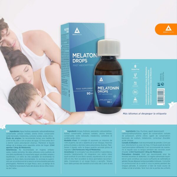 Bodyathlon– 1.9mg Melatonina gotas 90ml– Rápida conciliación del sueño – Melatonina liquida- Efecto rápido y duradero- Sueño profundo y reparador– Duerme bien- Fácil dosificación– Sabor limón– Vegano - Image 5