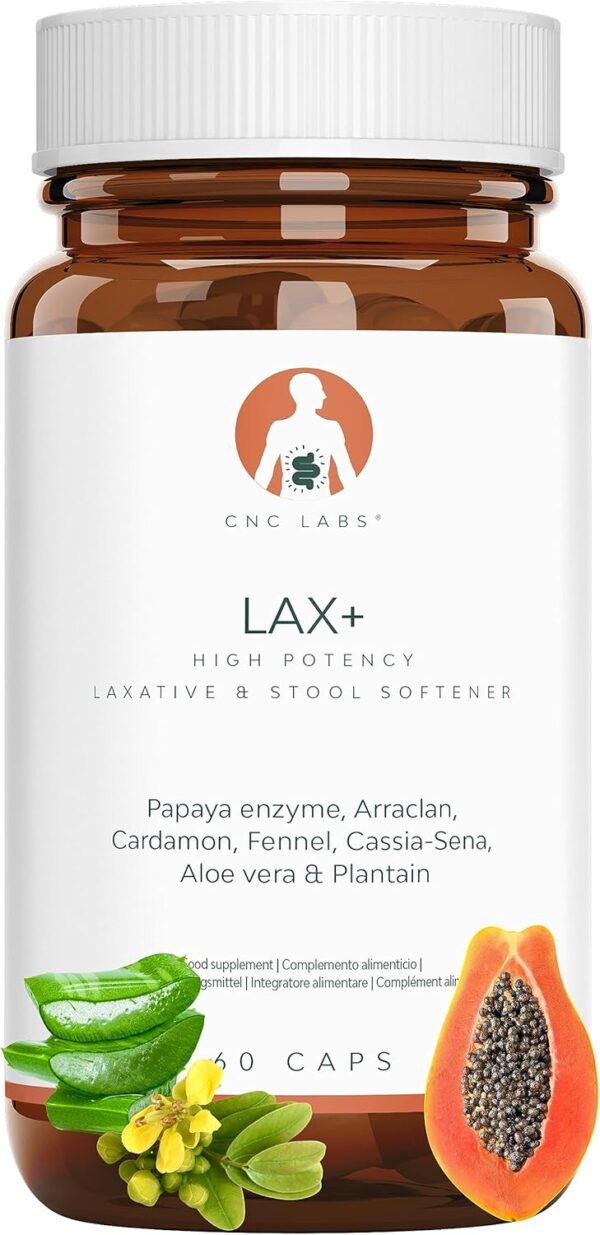 Laxante LAX+, Alivia el Estreñimiento 100% Natural & Vegano, Ablanda las Heces, Efectivo & Rapido con Papaya, Arraclan, Cardamo, Hinojo, Sena, Aloe & Plantago, Respaldado por Estudios Clínicos