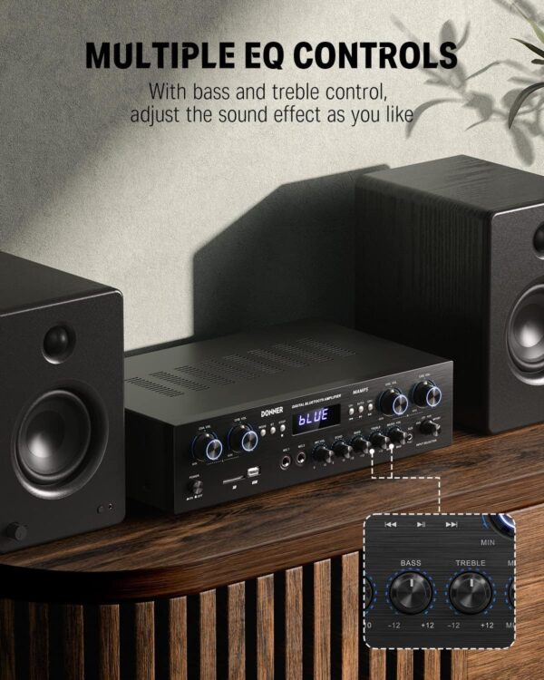 Amplificador Audio Bluetooth 5.0, Donner Amplificador Audio Estéreo 4 Canales, Amplificador HiFi 440W con USB, SD, FM, 2 Mic IN Echo, RCA, LED para Estudio, Hogar, MAMP5 - Image 4