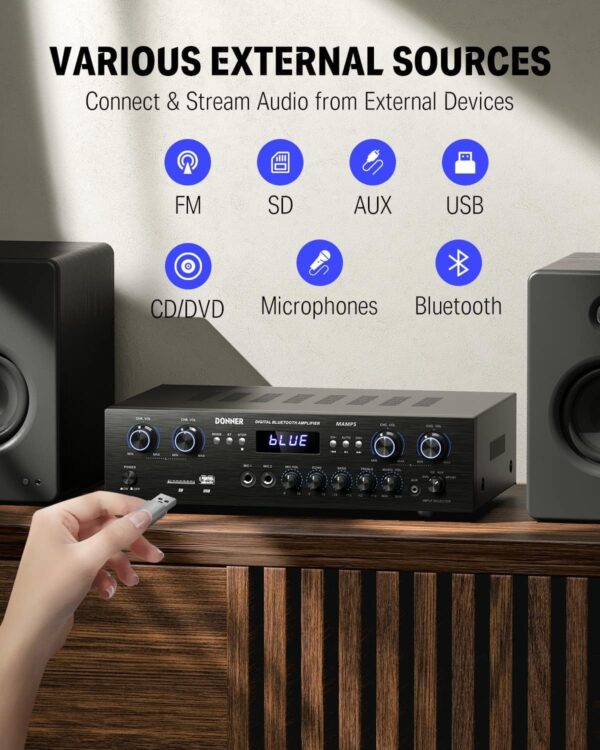 Amplificador Audio Bluetooth 5.0, Donner Amplificador Audio Estéreo 4 Canales, Amplificador HiFi 440W con USB, SD, FM, 2 Mic IN Echo, RCA, LED para Estudio, Hogar, MAMP5 - Image 2