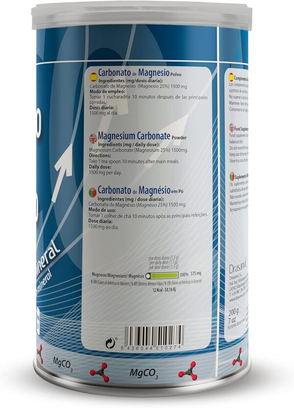DRASANVI Carbonato de magnesio PURO | Contribuye al funcionamiento normal de huesos, dientes, músculos y sistema nervioso | Disminuye el cansancio y la fatiga | 200grs de polvo=166 dias - Image 2